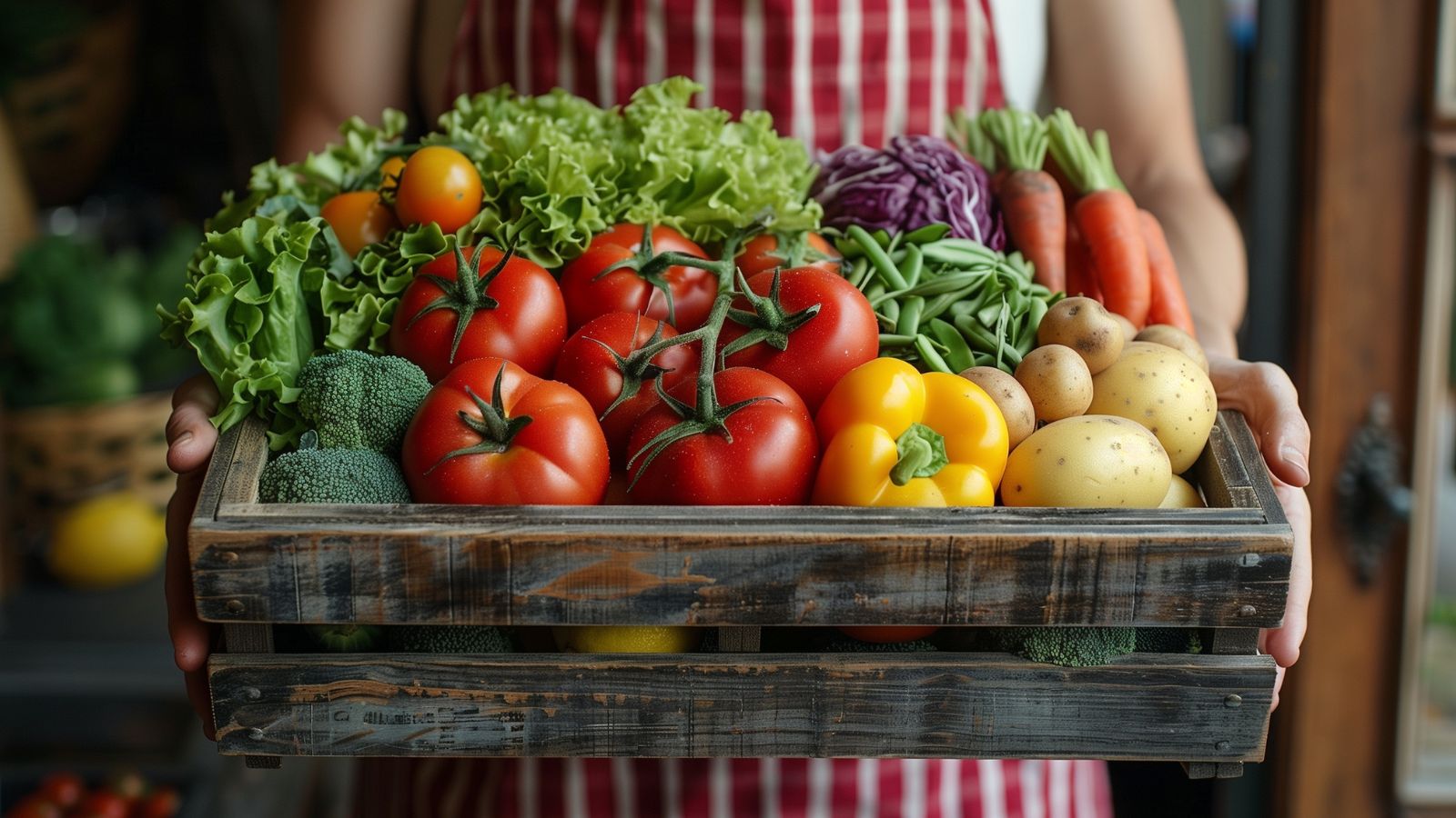 A close-up shot of a person holding a wooden crate filled with several freshly harvested crops, that shows how to grow giant vegetables
