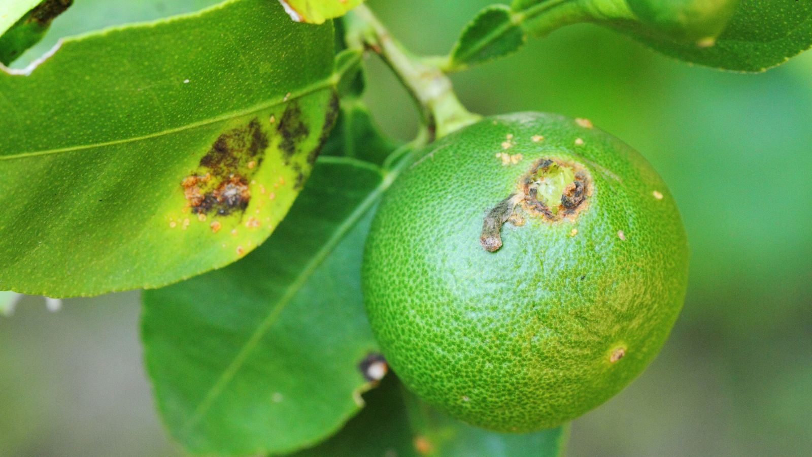 A shot of fruits and leaves of a plant infected with Bacterial Blast