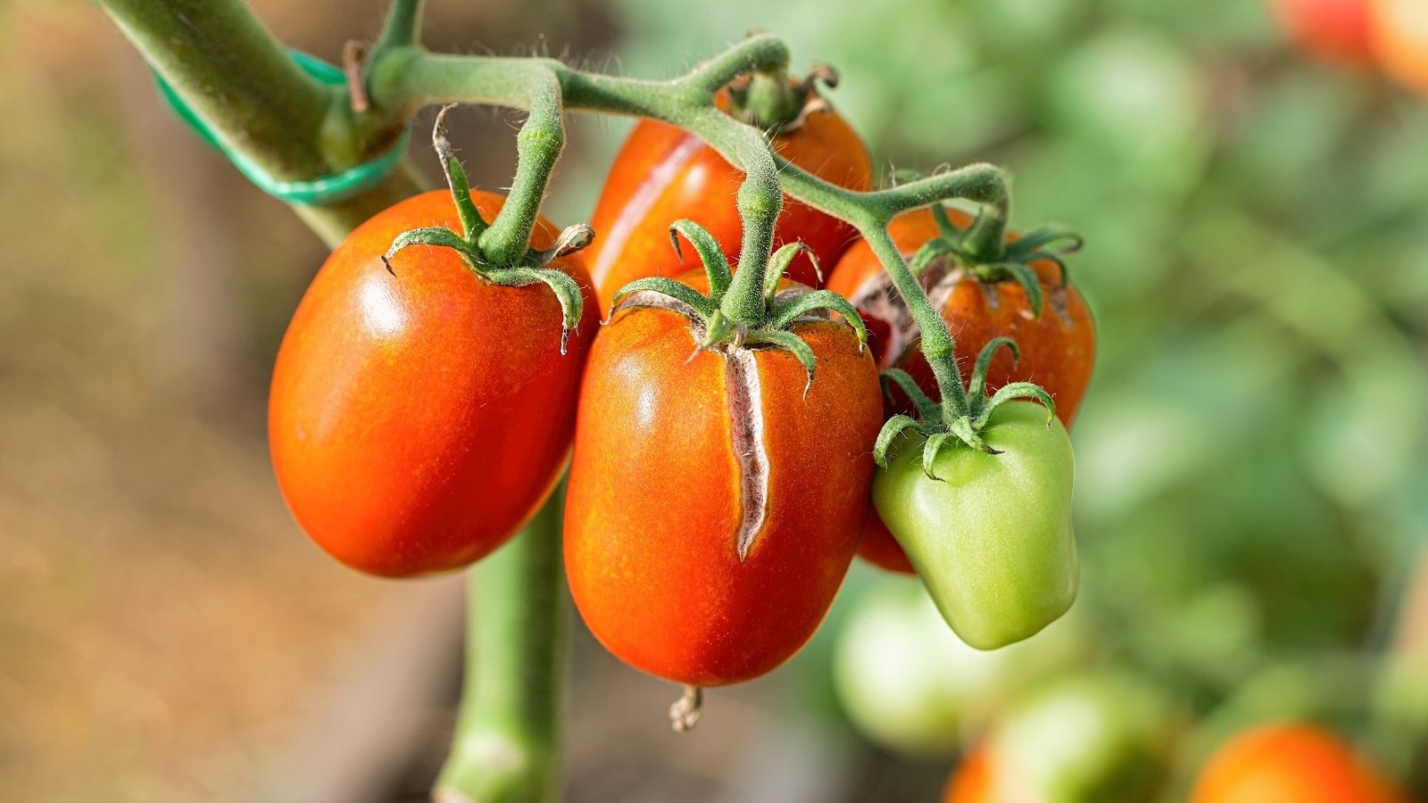 Ripe tomato fruits hanging on the plant with visible cracked and split skin.
