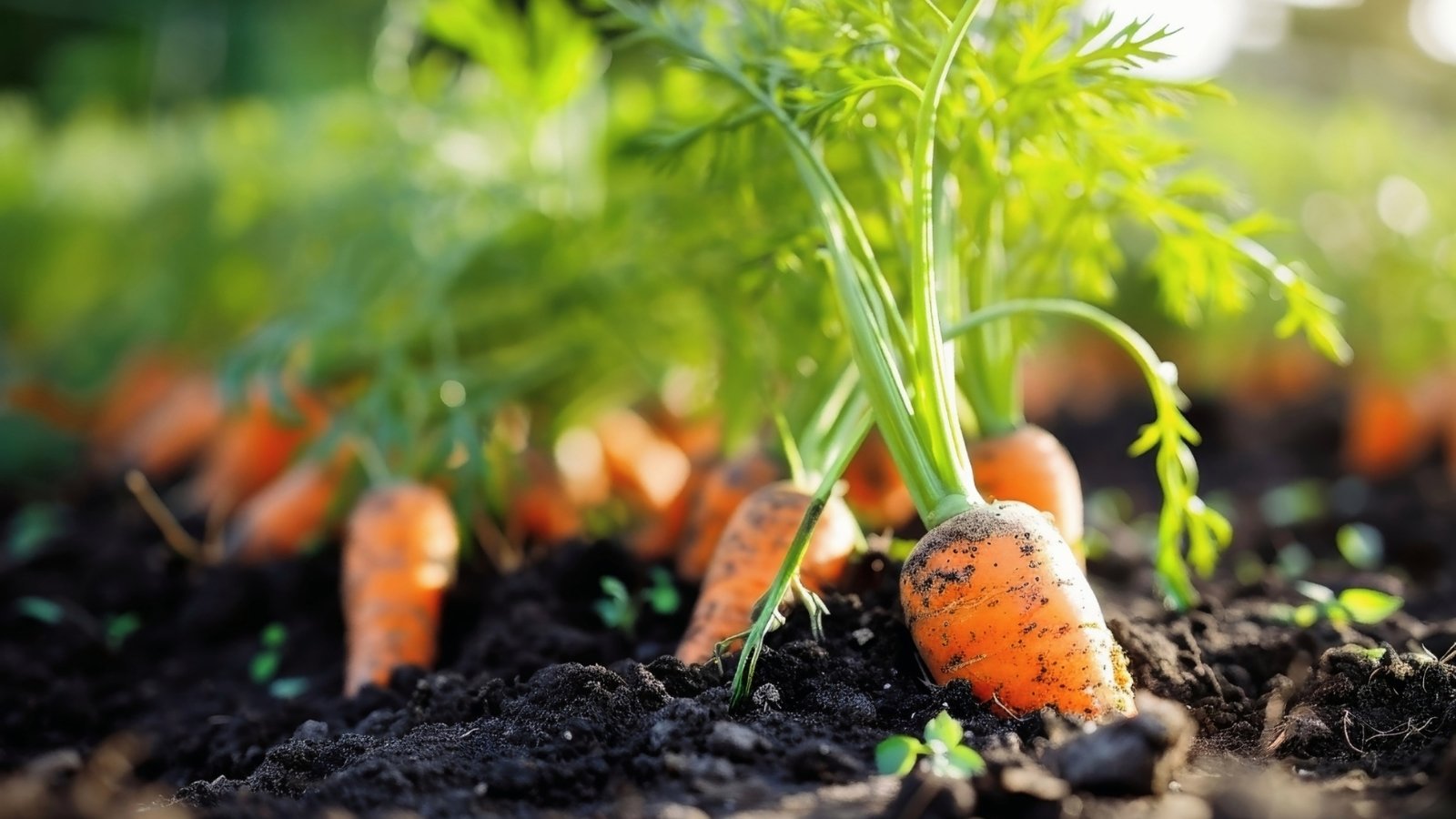 Close-up of developing crops with bright orange tapered roots, green lacy leaves on thin stems growing from the tops.