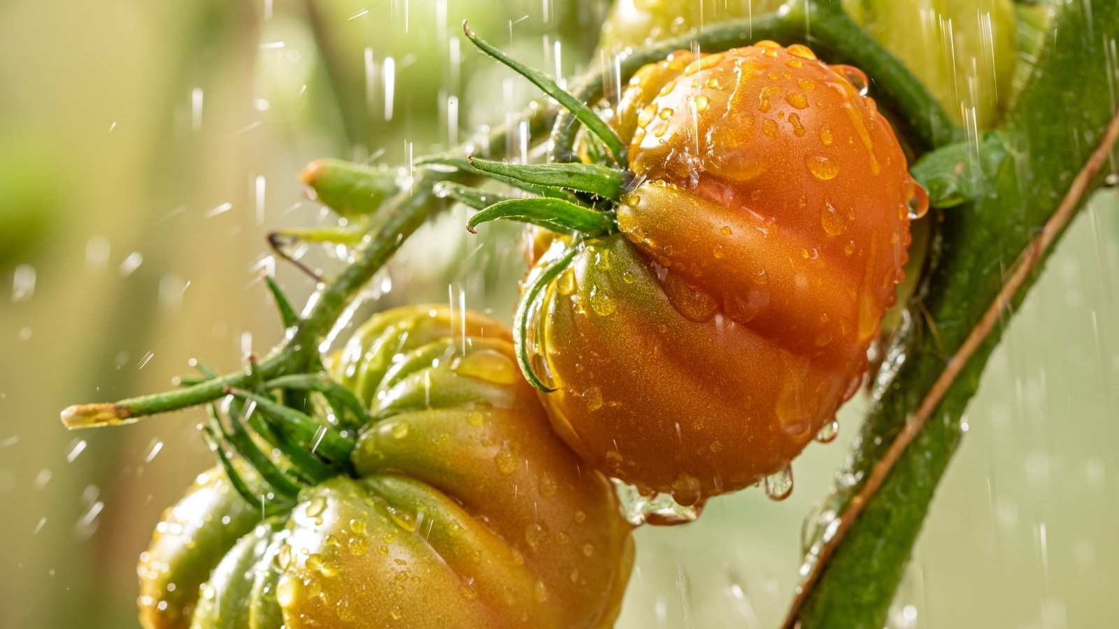 Overhead watering of large ribbed green and red tomatoes hanging from strong stems and covered with droplets of water.
